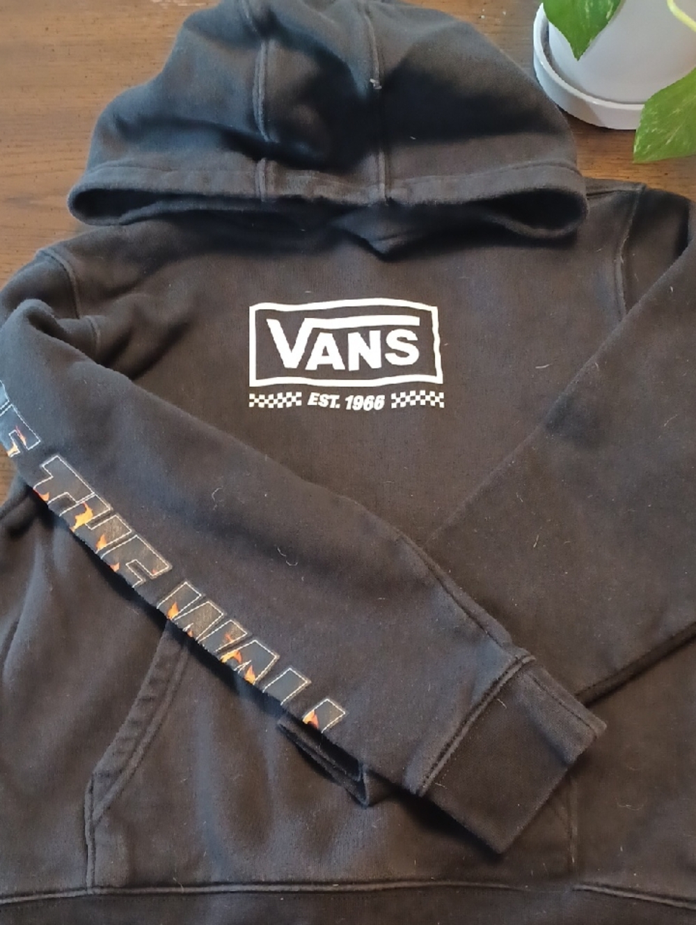 Vans Black Hoodie with White Logo and Orange Accent Sleeve
